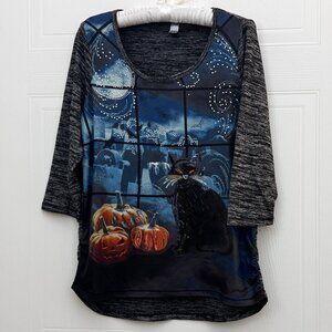 Halloween Shirt - Sequins & Rhinestones - Black Cat, Jack O'Lanterns Women Sz L
